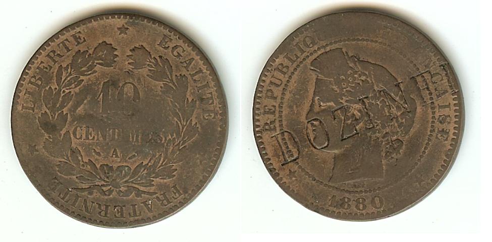 10 Centimes Cérès 1880A Paris Counterstamped F